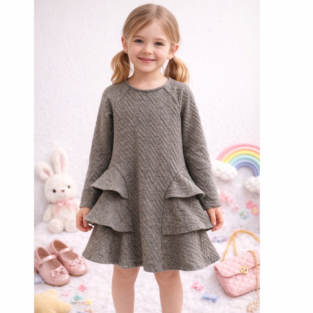 Cat‎ & Jack Girls Gray Quilted Ruffle Hem Dress Long Sleeve Size 5T